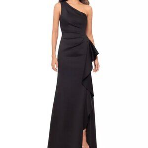 Xscape Black Ruffle Off the Shoulder Scuba Crepe Gown